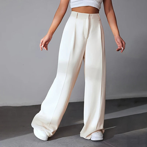 กางเกงเอวสูงหน้าแบนระบายอากาศได้ดีเป็นมิตรต่อสิ่งแวดล้อมกางเกงทรงตรงเอวสูงผ้าโพลีเอสเตอร์/ ผ้าฝ้ายระบายอากาศได้ดีเป็นมิตรต่อสิ่งแวดล้อม - Product Image 5