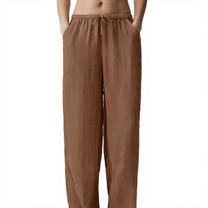 Women's Brown <b>Wide</b> <b>Leg</b> <b>Linen</b> Pants Mid Waist Drawstring Casual Full Length Loose Fit Solid Color Summer <b>Trousers</b> - Product Image 1
