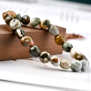 Pulsera con piedras naturales de jaspe para hombre y mujer, brazalete con piedras naturales de jaspe, cristal curativo