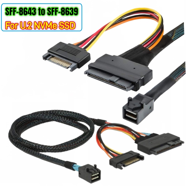 PCIe 4.0 Mini SAS SFF-8643 to U.2 SFF-8639 Cable with 15Pin SATA Power for NVMe SSD Hot-Swap Motherboard Internal Expansion