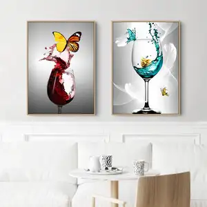 De gros verre photos pour salon-Toile avec papillon sur verre à vin rouge, Art abstrait moderne, peinture murale, images d'art pour salon, décor de la maison (sans cadre)
