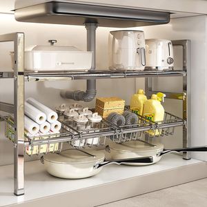Steel <b>Kitchen</b> Storage Organizer-Pull-Out Under Sink Cabinet Rack Removable Shelves Durable Waterproof for Pantry Organization - Product Image 4