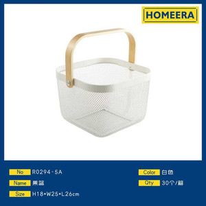 Cesto di frutta in rete metallica bianca con manico in legno cesto di stoccaggio per la casa - Product Image 1