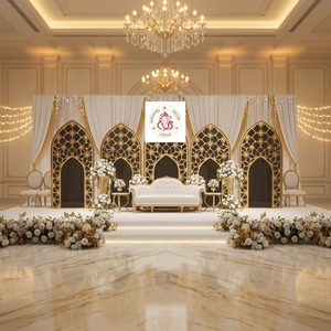 Décor de scène de mariage haut de gamme avec arche florale et panneaux décoratifs pour cérémonies indiennes et décoration de salles événementielles - Product Image 1