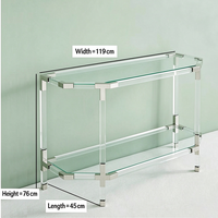 Table console moderne de luxe en acrylique avec plateau en verre trempé et structure en acier inoxydable doré pour entrée, couloir, hall d'hôtel, villa