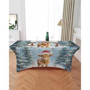 Belle hiver Highland bétail Spandex couverture de Table bleu clair arbre de noël scène de neige pour Rectangle vaisselle décorations - Product Image 2