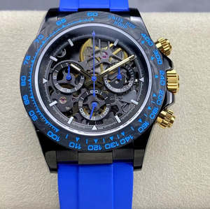 Montre mécanique haut de gamme à la mode avec un boîtier en fibre de carbone, un design squelette et un chronographe de sport à contraste de couleur bleu-or. - Product Image 1