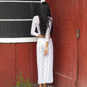 เดรสลูกไม้ซีทรูคอวีแขนยาวเอวธรรมชาติสไตล์วินเทจชุดลำลอง - Product Image 3