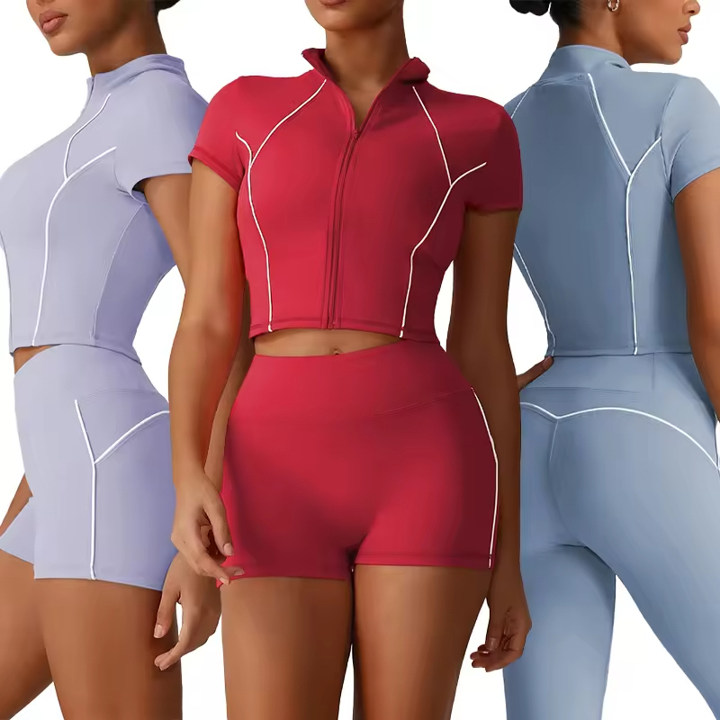 Women Full Zipper Fashion Nude Feeling Tight Soft Short Sleeve Stretchy Slim Fit Stand Neck Yoga Crop Top