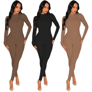 Bodysuit wanita lengan panjang, jumpsuit wanita, baju monyet, jumpsuit lengan panjang, melar, solid, bodysuit risleting, turtleneck, lateks, kontur yoga gym wanita