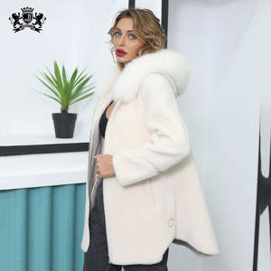 Janedur giacca di alta qualità alla moda invernale <span class=keywords><strong>con</strong></span> Shearling di pecore da donna cappotto di lana di agnello <span class=keywords><strong>Beige</strong></span> <span class=keywords><strong>con</strong></span> <span class=keywords><strong>pelliccia</strong></span> <span class=keywords><strong>con</strong></span> <span class=keywords><strong>cappuccio</strong></span> - Product Image 2