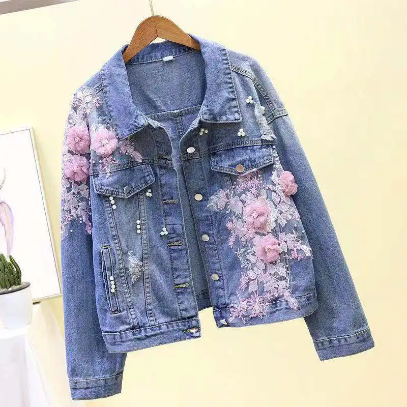 New casual heavy industry jean jacket for ladies embroidery 3d flower denim short coat women's loose jacket top