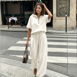 Women's White Knitted Hooded Short Sleeve Top With Drawstring <b>Pants</b> Set Casual Loose Fit Spring <b>Summer</b> 2 Piece Outfit - Product Image 4