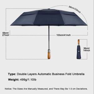 Fournisseur de parapluies de haute qualité à double couche, parapluie pliant moderne à 3 sections avec poignée en bois et logo pour entreprises - Product Image 2