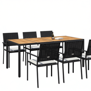 Ensemble de jardin en polyrotin, 74,8 x 35,4 x 29,5 pouces, table noire et 6 chaises, mobilier d'extérieur résistant aux intempéries, design contemporain - Product Image 1