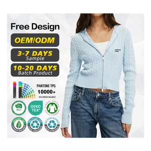 Suéter con Certificación GRS, Fabricante de Suéteres Personalizados para Mujer, Suéter Cárdigan de Punto Trenzado de Poliéster Reciclado con Doble Cremallera y Capucha - Product Image 1