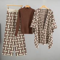 Ensemble de chandails décontractés pour femmes d'hiver, motif géométrique, design de châle haut de gamme, nouveau pantalon tricoté tendance, ensemble trois pièces