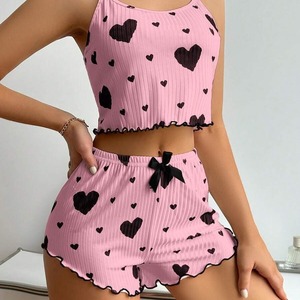 Venta caliente de las señoras Homewear Heart Printing Suspender Shorts Casual Sunken Stripe Prendas de abrigo Pijamas de mujer - Product Image 2