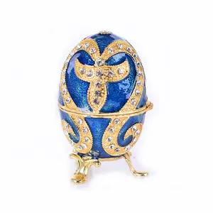 Boîte à bijoux fantaisie pour femmes, cadeau de fête de pâques de haute qualité, bibelot œufs russe en émail, métal bleu, à la mode