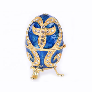 Caja de joyería de metal esmaltado para mujeres, joyería de alta calidad con forma de huevo ruso, color azul esmaltado, regalo del día de Pascua - Product Image 1