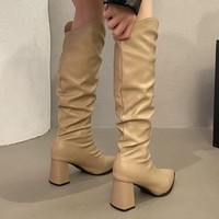 Bottes d'équitation longues plissées épaisses pour femmes, nouvelle collection Printemps-Automne 2025, style western, coupe ajustée, tige haute, bout pointu, semelle extérieure en caoutchouc antidérapante