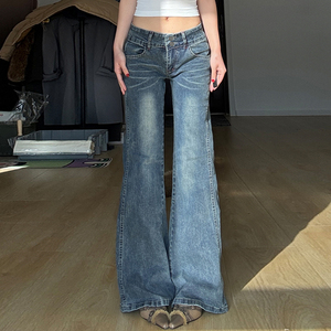 Jean évasé en denim délavé pour femme, taille basse, boutonnage frontal, taille large, coupe ajustée, style décontracté urbain, pantalon tendance - Product Image 6