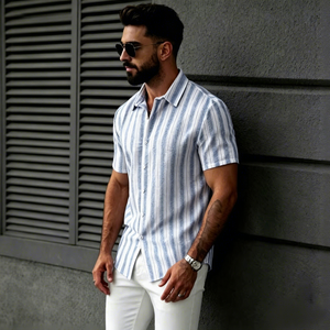 Camicia Estiva Casual da Uomo a Maniche Corte a Righe Blu e Bianche in Misto Lino con Bottoni, OEM, MOQ Basso, Vendita all'Ingrosso - Product Image 3