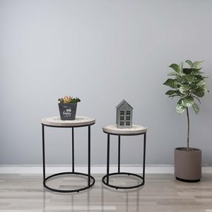 PARISLOFT Juego de 2 mesas redondas de madera y metal, mesa tallada, mesa de acento de granja para espacios pequeños, lado del sofá, Living Ro - Product Image 4