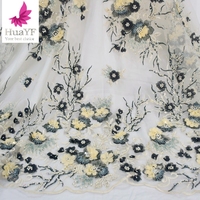 HY1556 tissu de dentelle brodé en mousseline de soie 3D fait à la main avec des perles et des perles multicolores pour les robes en gros