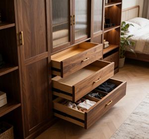 Armario Empotrado Moderno de Nogal Personalizado BALOM - Vidrio Acanalado Arqueado y Luces LED, Amplio Gabinete de Almacenamiento para Dormitorio - Product Image 2