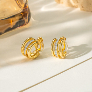 C Shaped Gold <b>Stud</b> <b>Earrings</b> With <b>Crystal</b> Inlay For Women Anniversary Jewelry - Product Image 2