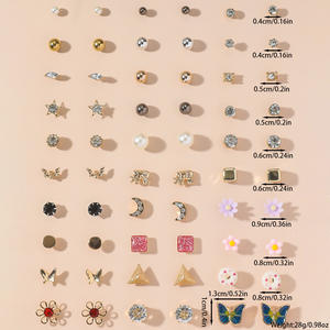 LR-09 Juego <span class=keywords><strong>de</strong></span> Joyería para Orejas <span class=keywords><strong>de</strong></span> Mujer, 30 Pares <span class=keywords><strong>de</strong></span> Aretes <span class=keywords><strong>de</strong></span> <span class=keywords><strong>Elefante</strong></span>, Triángulo, Luna, Mariposa, <span class=keywords><strong>Flor</strong></span>, Estrella, Cristal, Perla y Aleación - Product Image 2