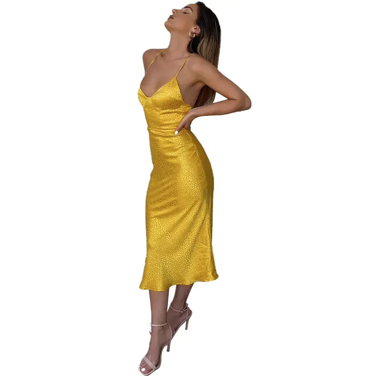 2023 Temperament Sexy Spring Summer Low Cut Open Back Long Yellow Dress Woman