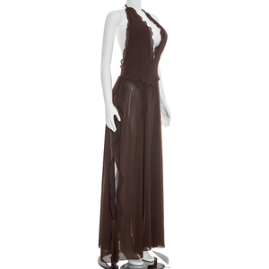 Viviblook Y26DS063 Robe d'été sans manches pour femme, nouvelle robe de soirée maxi sexy à col bas et fente haute, style halter - Product Image 3