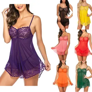 Yellow Women Lace Lingerie Babydoll Dress Strap Chemise Sleepwear