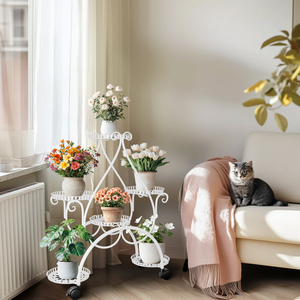 Supporto per Piante Bianco: Carrello da Giardino in Metallo per 6 Vasi, <span class=keywords><strong>Portavasi</strong></span> in Ferro Battuto <span class=keywords><strong>con</strong></span> <span class=keywords><strong>Ruote</strong></span> per Patio, Verande - Product Image 4