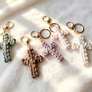 Handmade Crochet Cross Keychain Cotton Rope Woven Cross Charm Lobster Clasp <b>Key</b> Ring Backpack Bag Pendant Gift Wholesale - Product Image 2