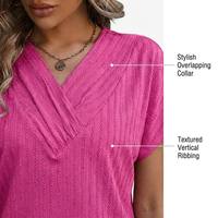 Blusa Premium para Mujer, Color Magenta, Estilo Casual, Cuello en V con Ribetes Verticales, Cuello Superpuesto, Secado Rápido, Antiarrugas, Manga Corta