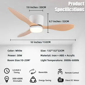 DCモーター52インチ大風量天井ファンLEDライトリモコン付きキッチンベッドルームダイニングルームパティオ - Product Image 3