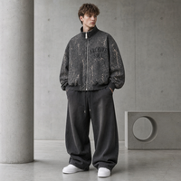 Blouson Bomber Unisexe Col Montant Vintage Streetwear Délavé Effet Encre Éclaboussée avec Poignets et Ourlet Côtelés, Fermeture Éclair Métallique et Lettres Imprimées Floquées