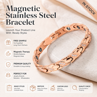 Pulsera de Terapia Magnética de Acero Inoxidable Oro Rosa con Incrustaciones de Piedra Negra de Iones Negativos, Joyería de Moda con Eslabones de Pez al por Mayor