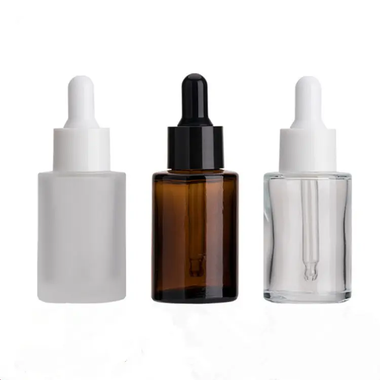 Empty 1 oz Flat Shoulder Amber Frosted Clear 30ml Essential Oil Serum Glass Dropper Bottle for Essence Serum