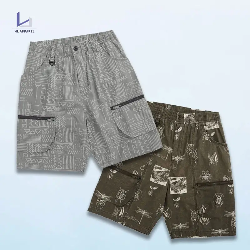 huili manufacturer wholesale mens summer streetwear shorts custom zip pockets all over print shorts