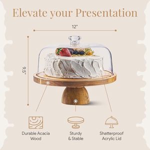 Wooden <b>Cake</b> Stand With <b>Glass</b> <b>Dome</b> Multi Use Dessert Display Rack For <b>Cake</b> Cheese Charcuterie - Product Image 3