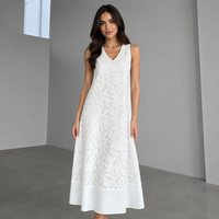 Robe longue décontractée blanche pour femme, élégante, de haute qualité, avec broderie lourde, col en V et sans manches, idéale pour l'été