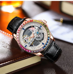 Montre mécanique automatique de <span class=keywords><strong>luxe</strong></span> pour <span class=keywords><strong>homme</strong></span> avec design squelette double, <span class=keywords><strong>lunette</strong></span> en zircon arc-en-ciel, boîtier en acier inoxydable, étanche - Product Image 4