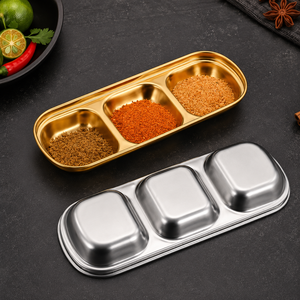Food Grade 304 Stainless Steel Square Plate Golden Lattice Design <b>BBQ</b> <b>Tray</b> Multi-grid Dipping Sauce Seasoning Dish Durable Oven - Product Image 1