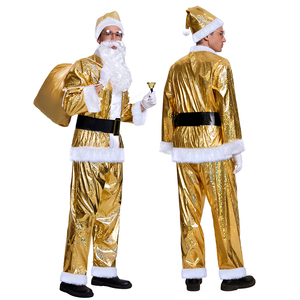 Costume de Père Noël pour homme, ensemble complet avec chapeau, ceinture et sac cadeau, idéal pour les fêtes de Noël dorées et les spectacles. - Product Image 1