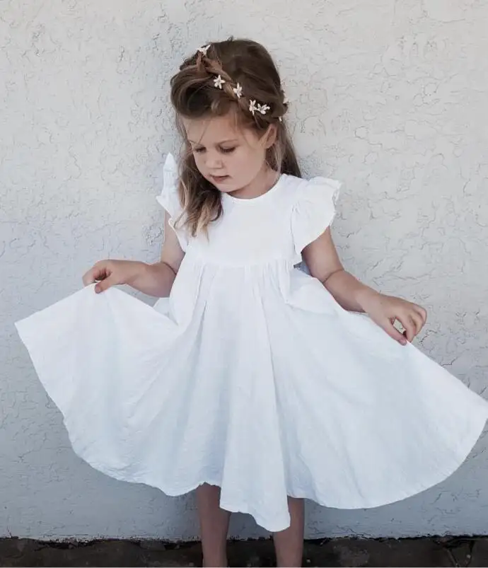 Fashion Casual Color Linen Long Dress Children Party Tutu Dresses Ruffle Skirt Girl Princess Clothes Set 2-7T