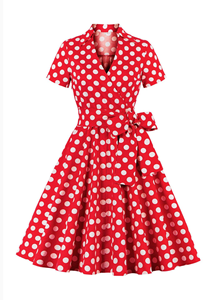 Robe trapèze vintage à pois pour femme, manches courtes, col à revers, ceinture, longueur midi, en polyester tissé, décontractée pour le quotidien - Product Image 3